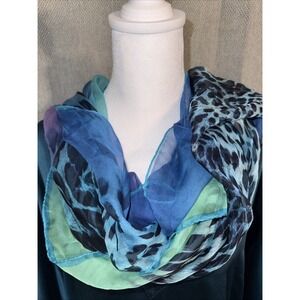 Roberto Cavalli Leopard Silk Scarf Blue Green Animal Print Ombré 34" Square